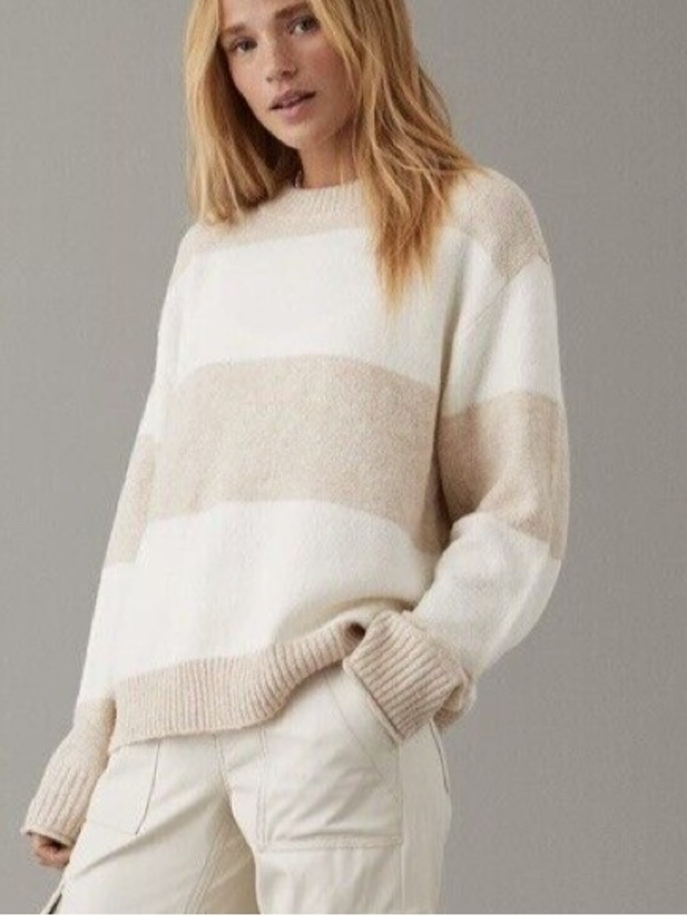 American Eagle Striped Cream & Beige Knit Sweater